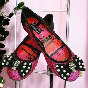 Abbey Dawn Pink Glitter Skull Shoes Black Bow Rhinestones Flats Size 5 Halloween